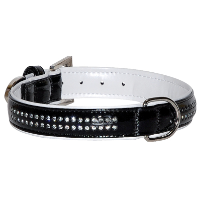 Dog collar - black leather - Pierre de cristal - Lenght 50cm x Width 2,5cm