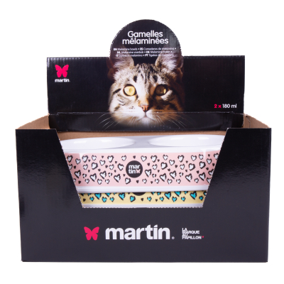 Gamelle double pour chat Cœur Léopard - mélaminées doubles - Présentoir de 6 boites